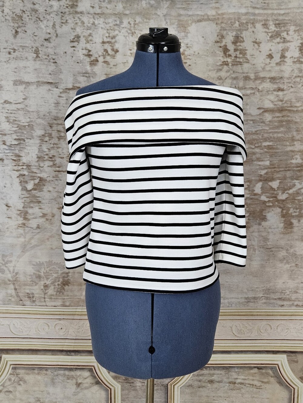 Anthropologie Black & White Striped Top Off The Shoulder Knit Nautical Anthro M